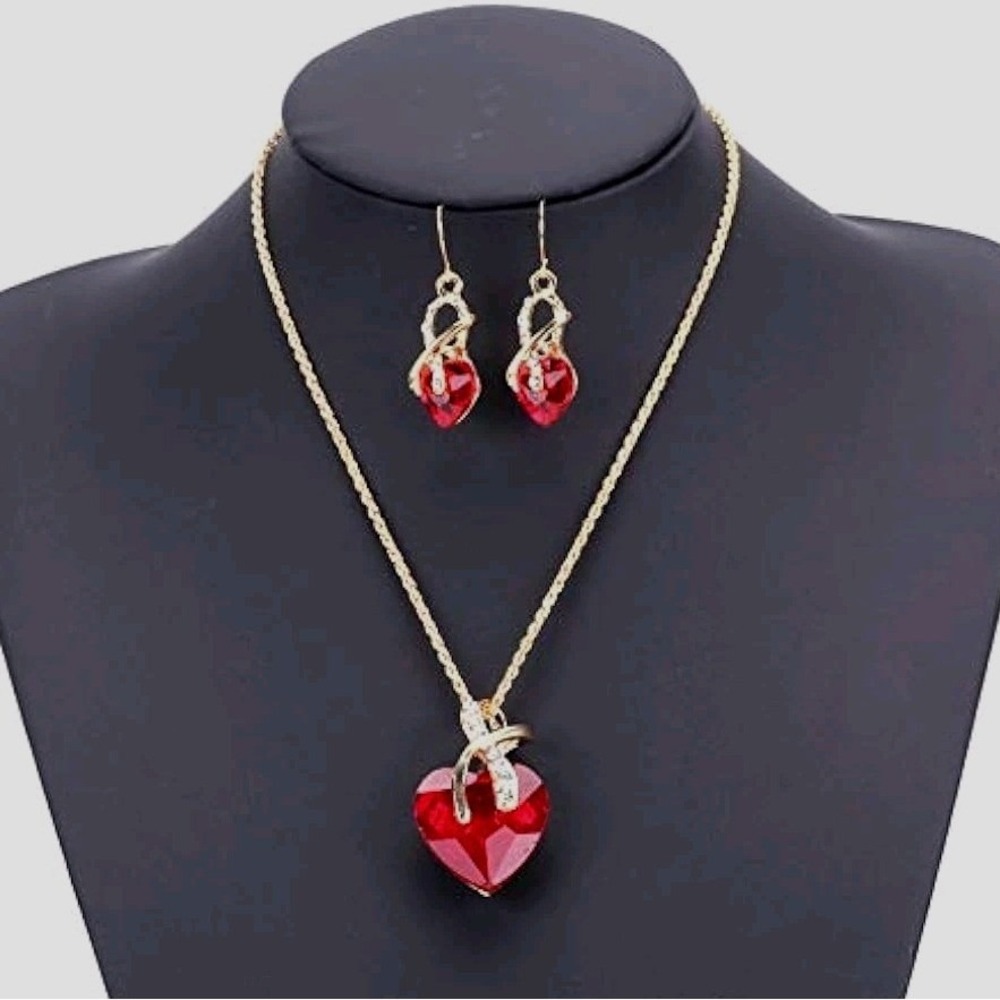 Red CZ Crystal Heart of The Ocean Jewelry Necklace Earrings Set Gold Tone Lovely